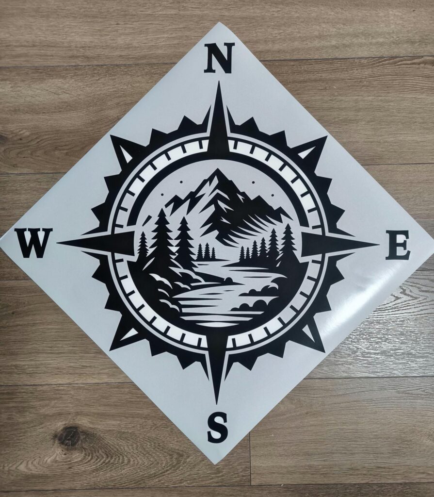 River Mountain Compass Vinyl Decal Sticker, Nature Decal, Forest Sticker, Compass Rose Decal, Laptop Sticker, Decal for Adventure Vehicles