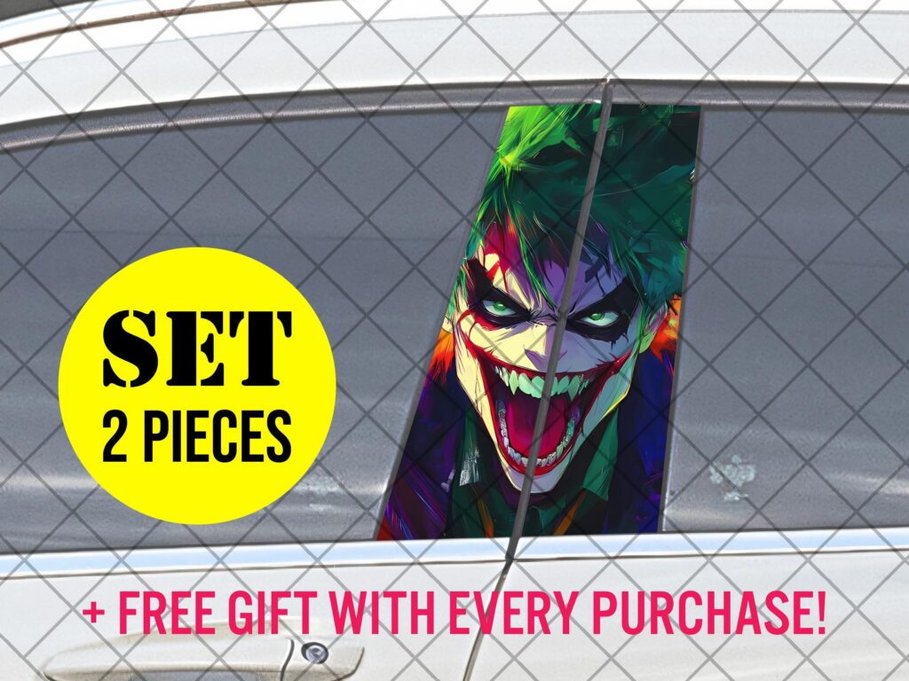 Insane Clown Face – Joker Style Car Pillar Decal Sticker, Mad Grin Vinyl Wrap for JDM Drift Cars, Anime Comic Villain Inspired Art