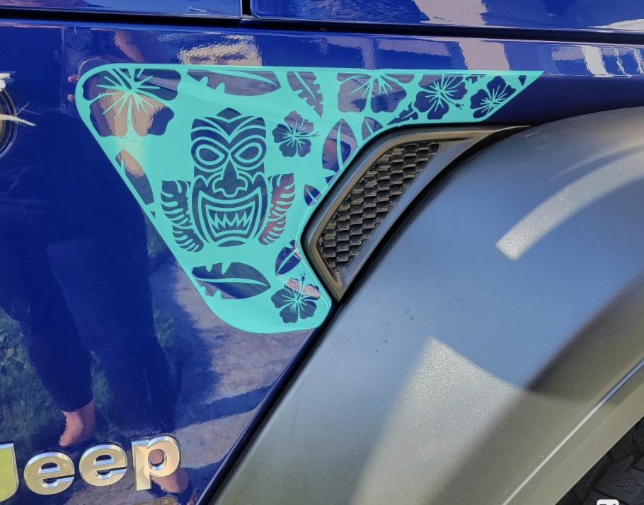 Tiki Mask Hawaii Flower Fender Vent Vinyl Decal Sticker, JL / JLU / JT Fender Vent Decal Set, Pair Decals